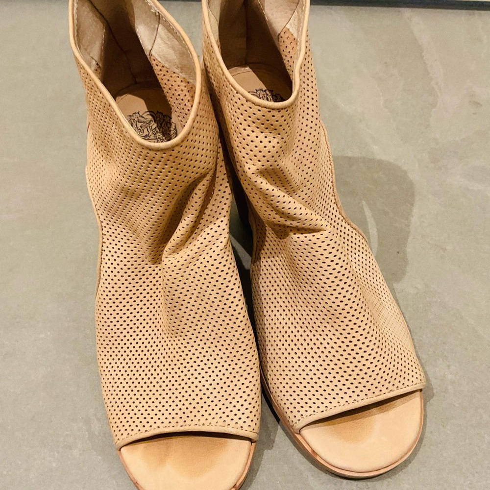 Perforated Tan Peep-Toe Ankle Boots